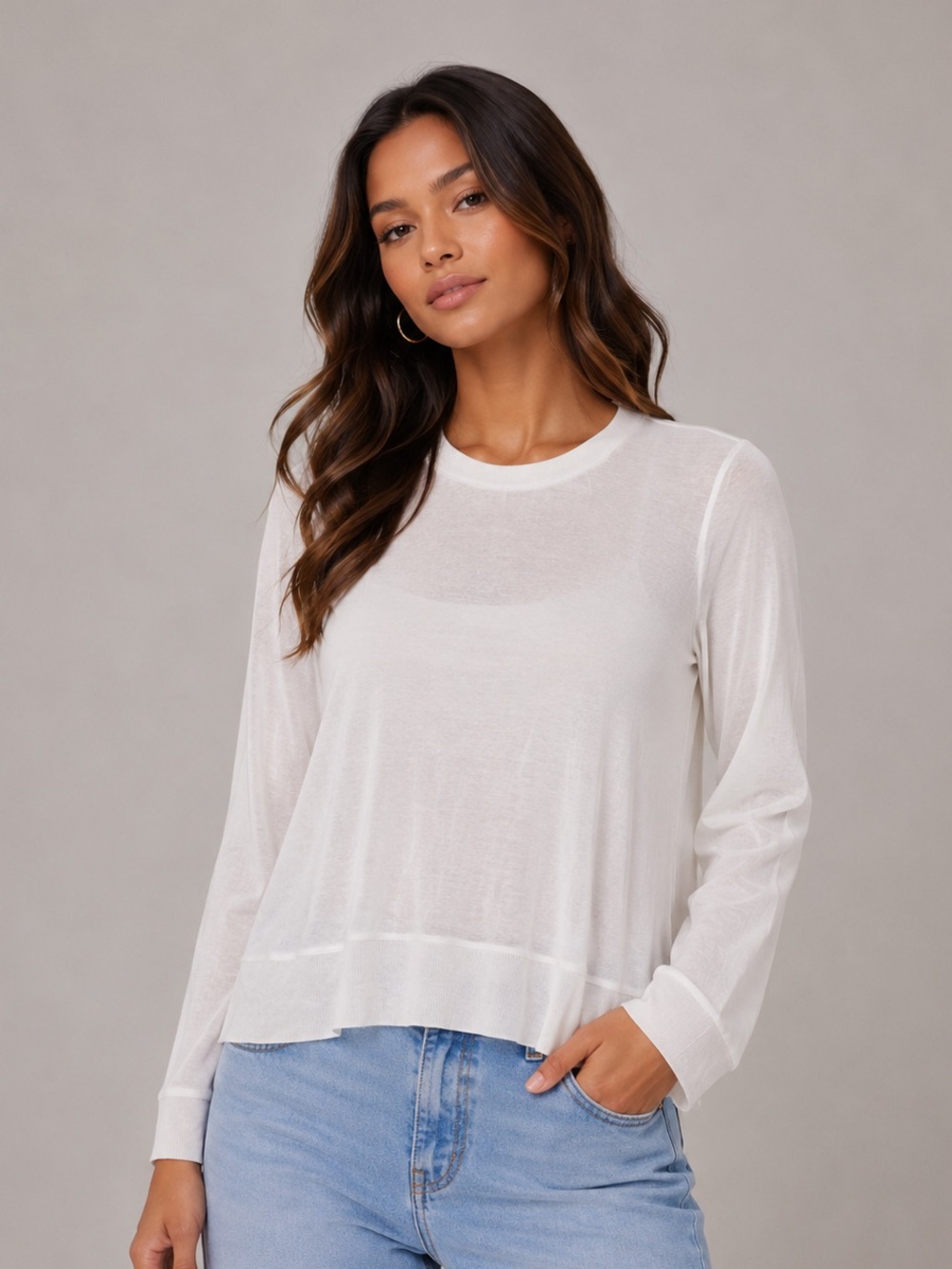$109 New Lanston White Siro Micro Modal Long Sleeve Tee - White - Small